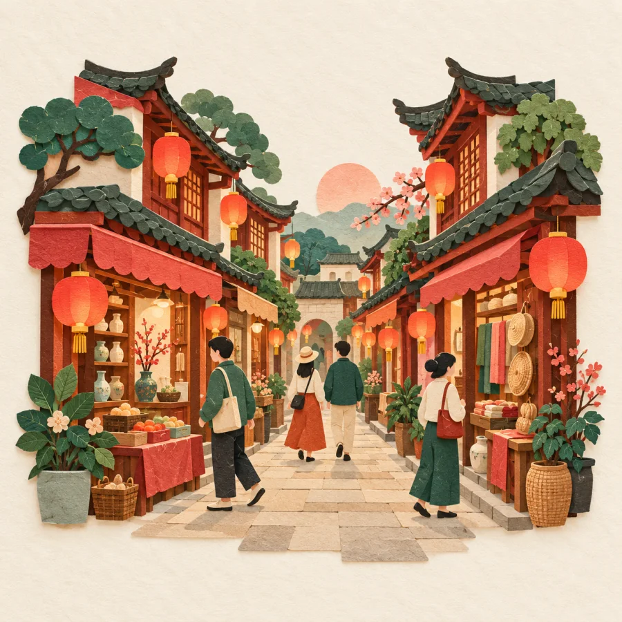 A busy street with shop fronts and lanterns