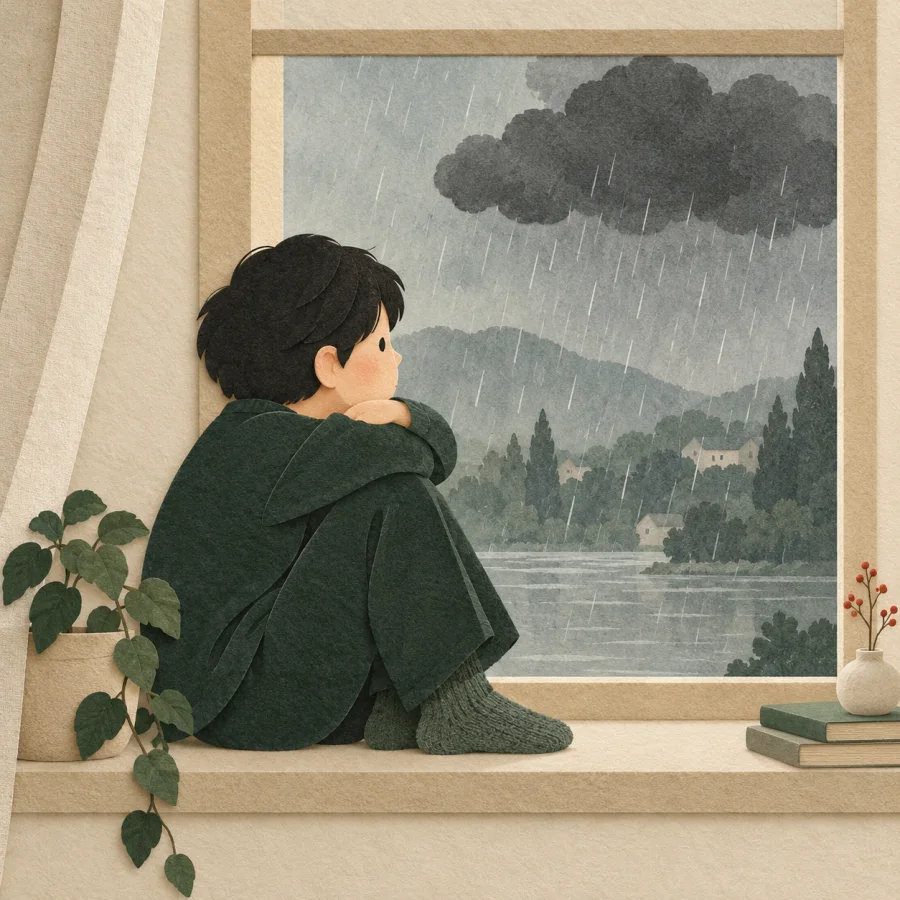 A person hugs their knees on a windowsill in the rain