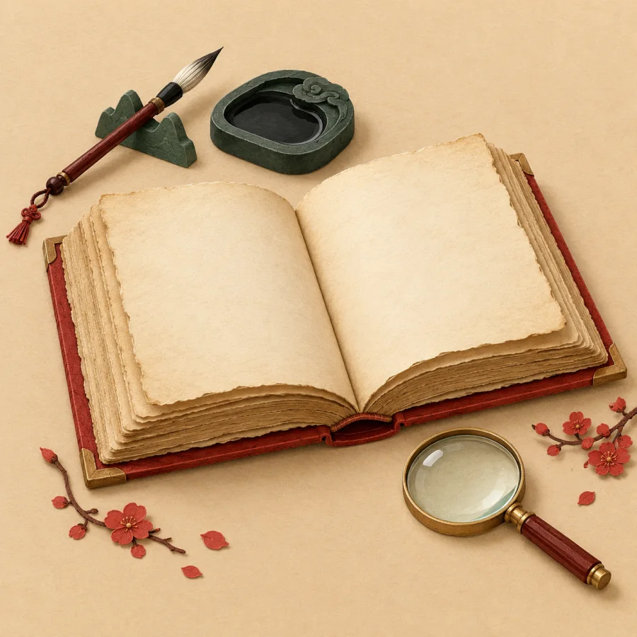 An old thick book with a brush, inkstone and magnifying glass