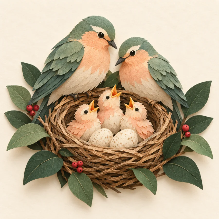 A pair of birds in a nest with chicks and eggs