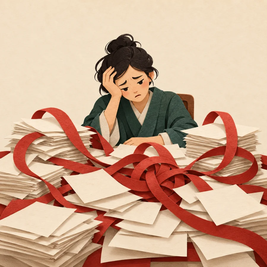 A person at a desk among piles of forms and tangled ribbons