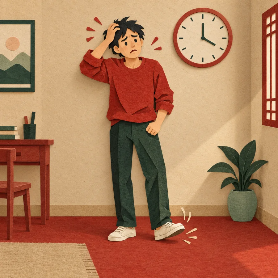 A person paces a small room tugging at their hair