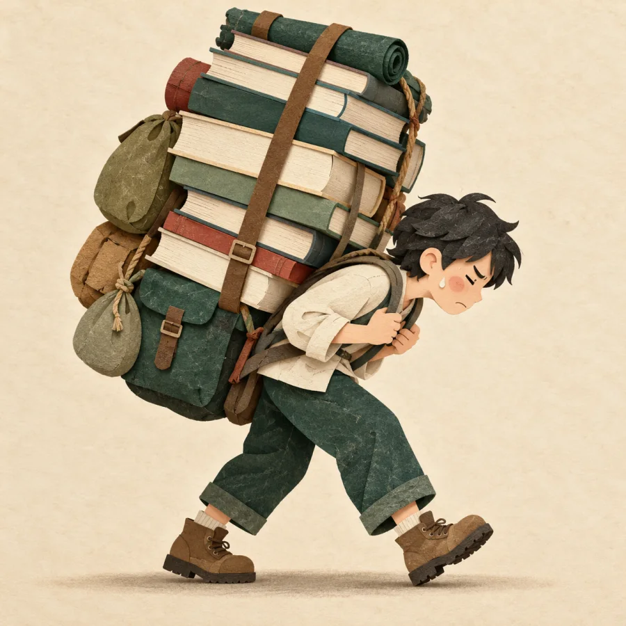 A person bends under a huge stack of books and bags