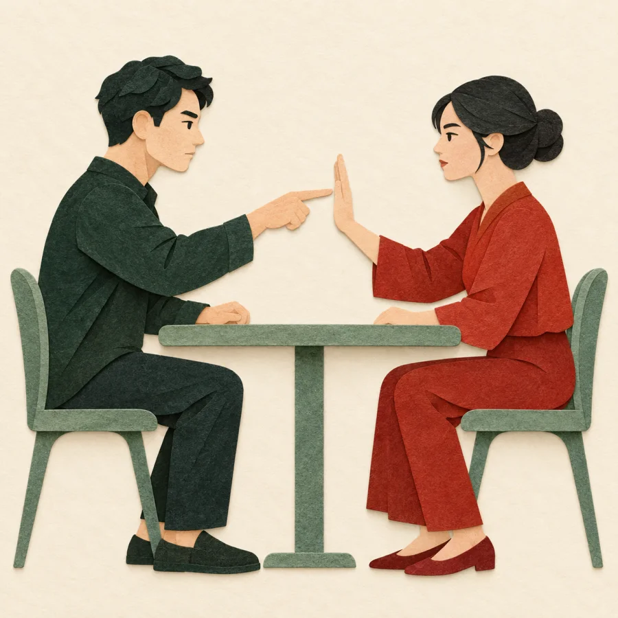 One person raises a palm to stop another's pointing finger