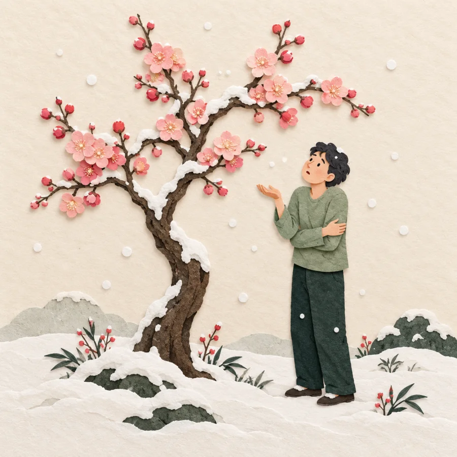A puzzled person in a thin shirt by a blossoming tree in snow