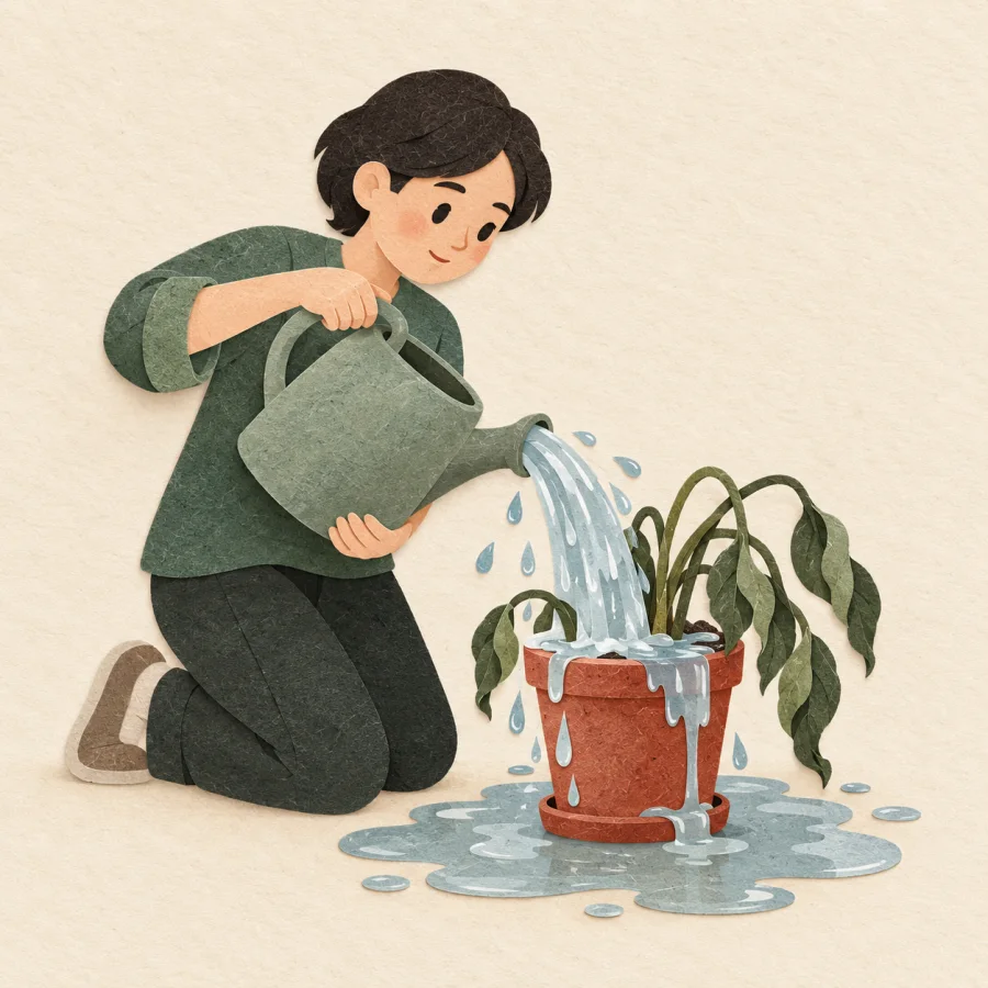 A person overwaters a plant that droops even more