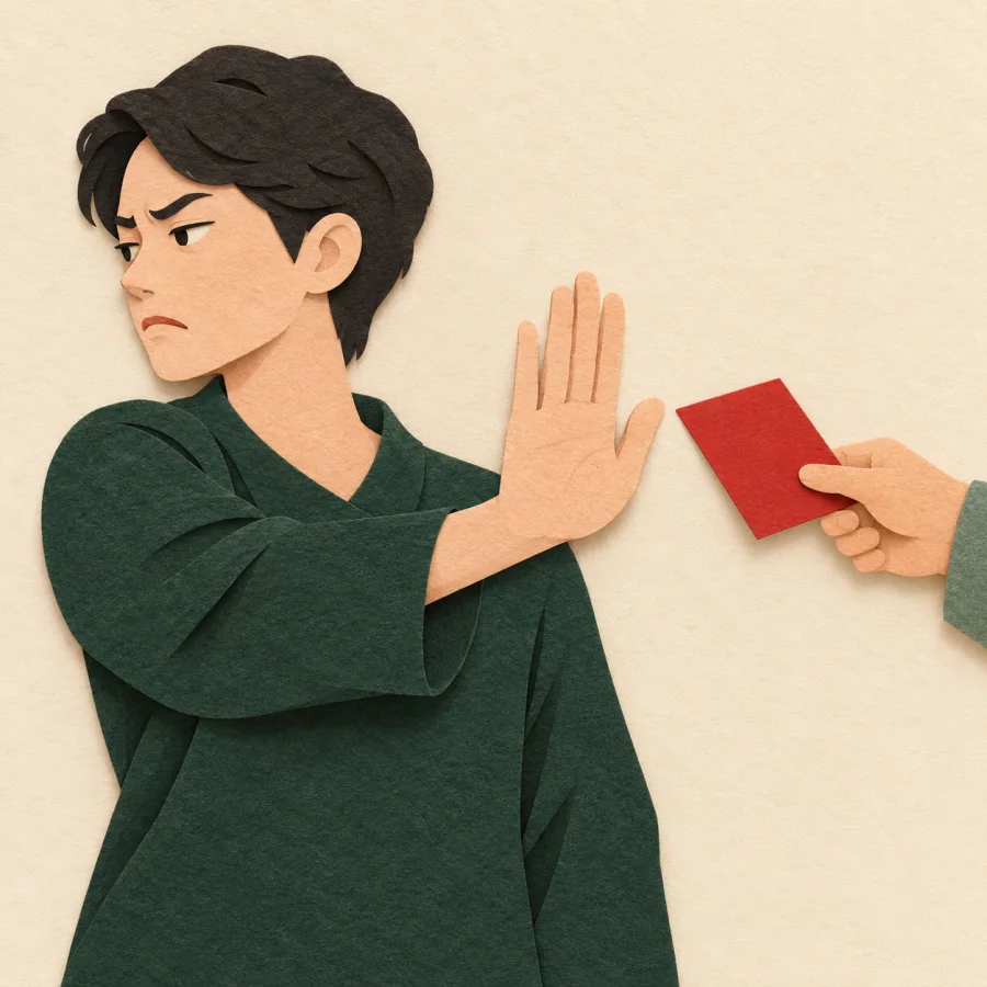 A person turns away with a palm up toward a held-out flyer