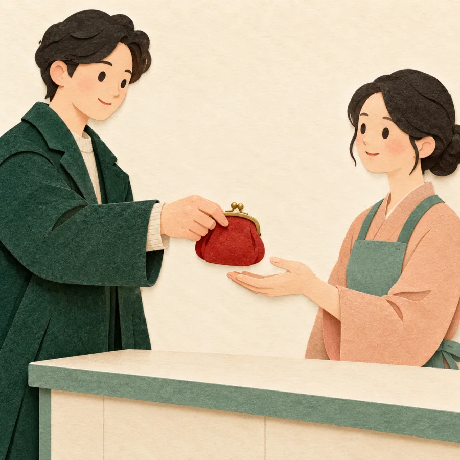 A person hands a coin purse back across a counter