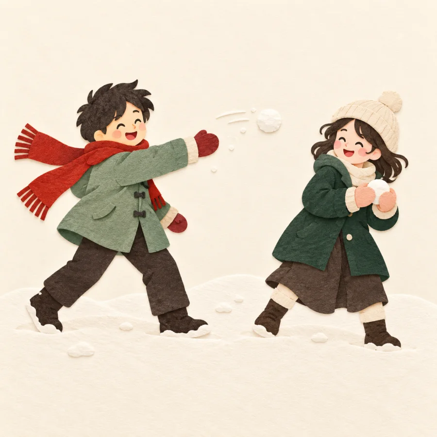 Two people in a snowball fight, one throwing back