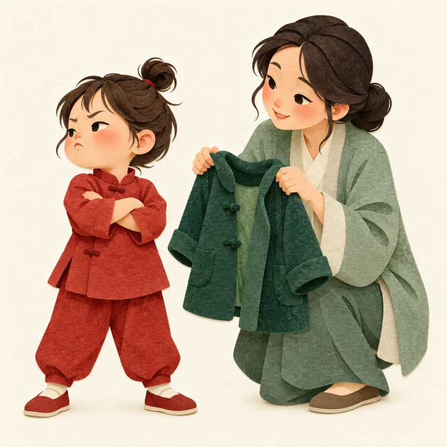 A child turns away from a parent with arms crossed