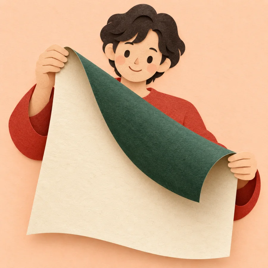A person flips a large sheet of paper over
