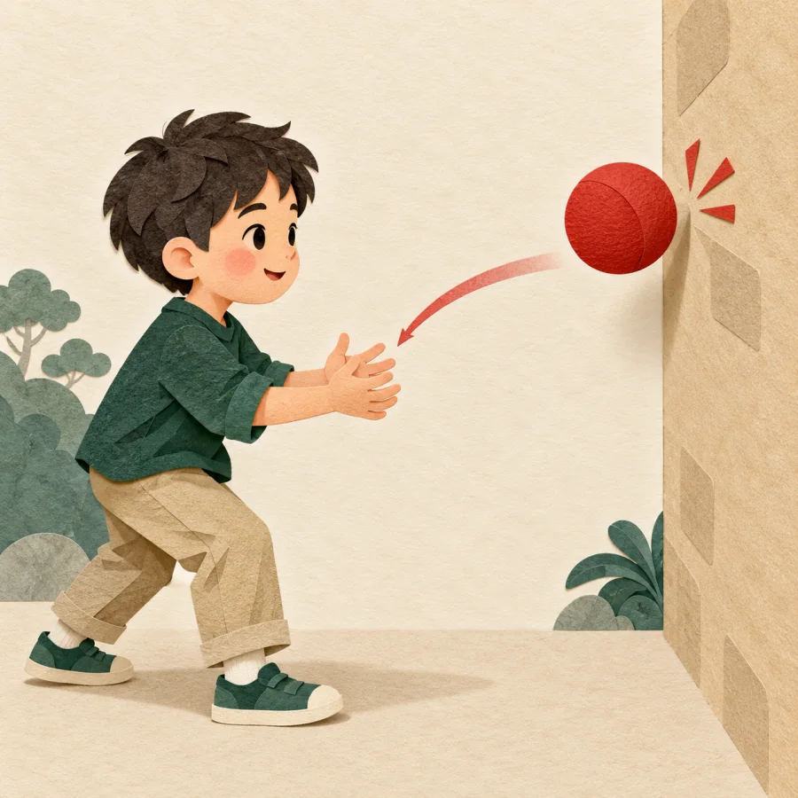 A red ball bounces off a wall toward a child
