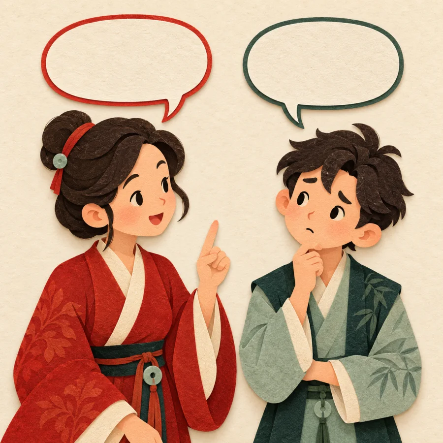 Two people face each other with empty speech bubbles