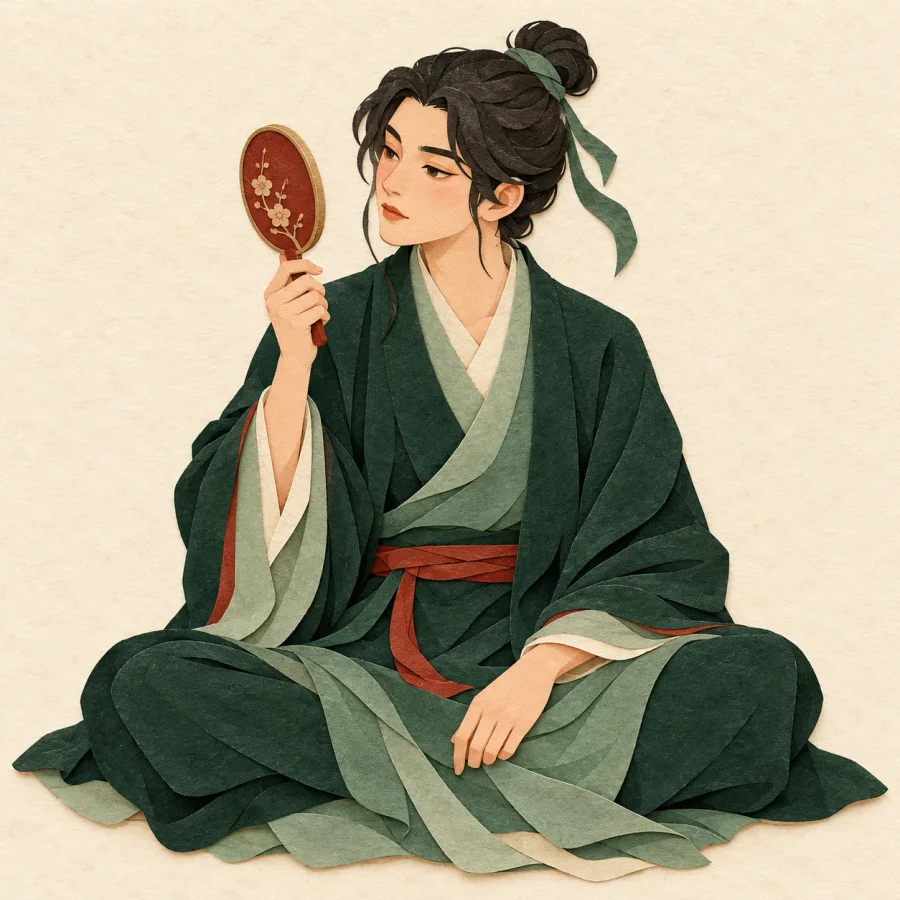 A person sits thoughtfully looking into a hand mirror