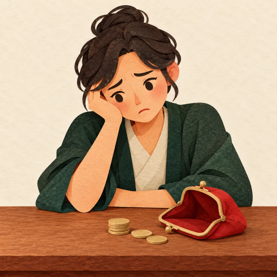 A person rests their head on a hand beside an empty purse