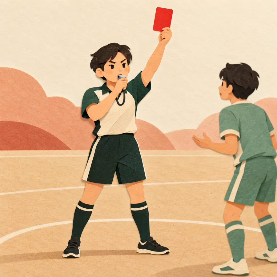 A referee with a whistle raises a red card at a player