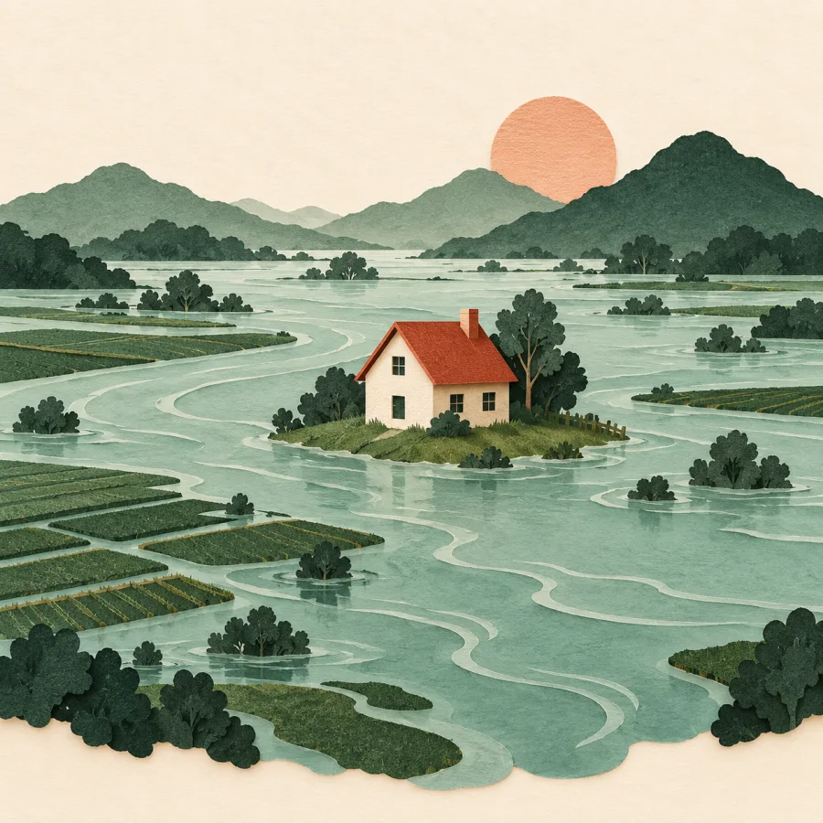 A river overflows its banks and floods fields around a house