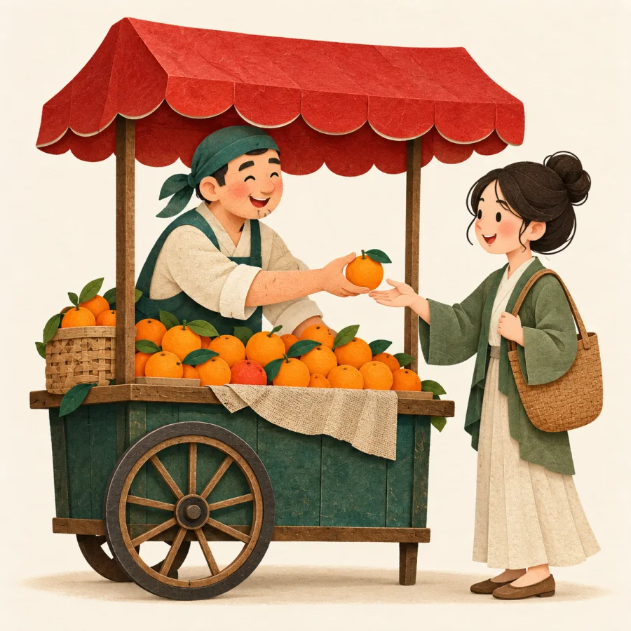 A street vendor with an orange cart hands one to a customer