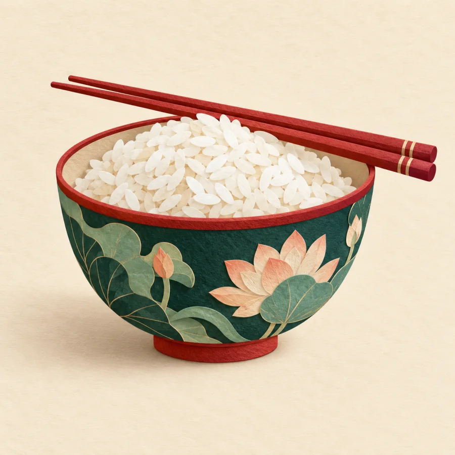 A bowl of rice with chopsticks on a table