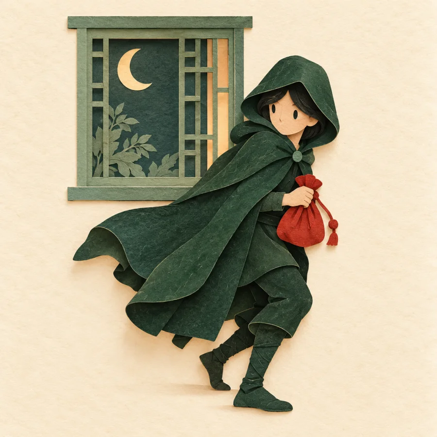 A hooded figure tiptoes away from a window with a red bag