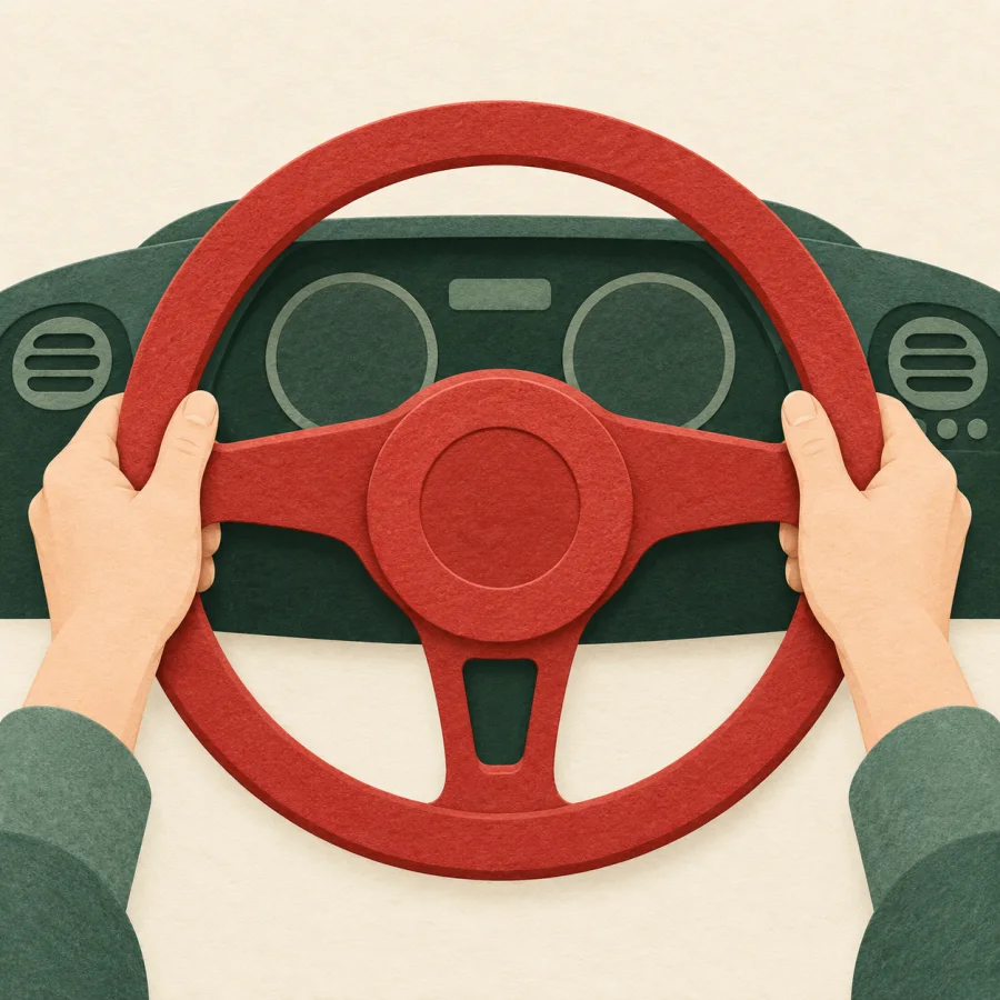 Two hands hold a red steering wheel