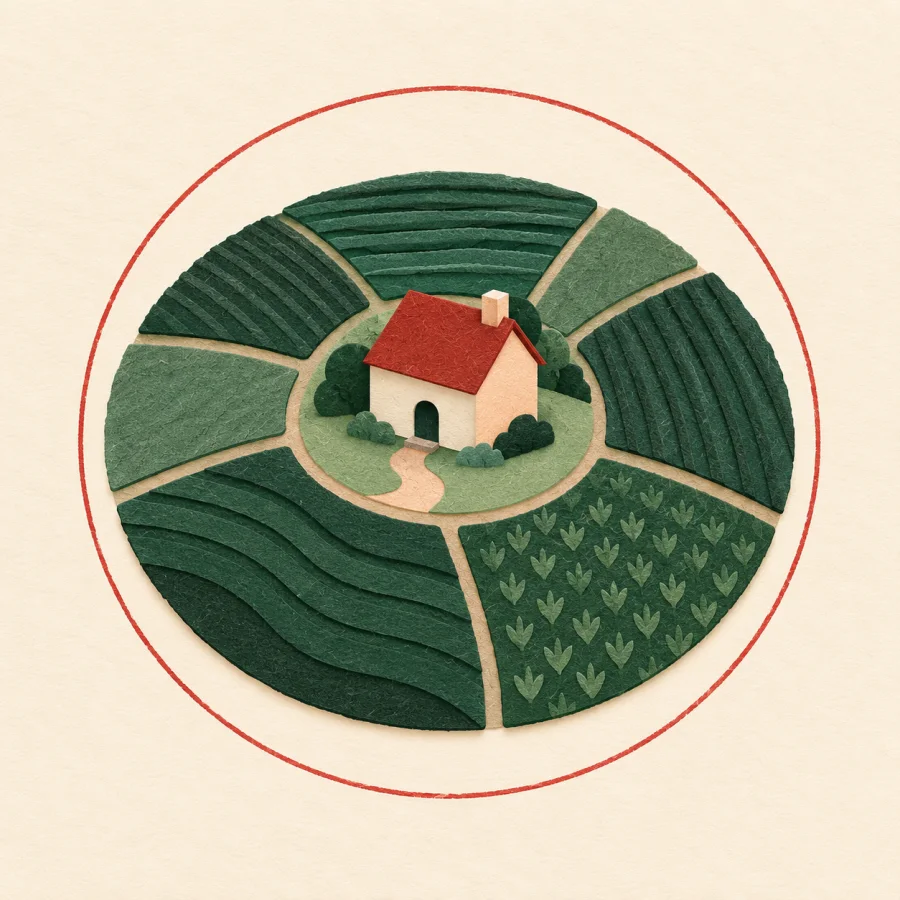 A small house in the centre of a ring of green fields