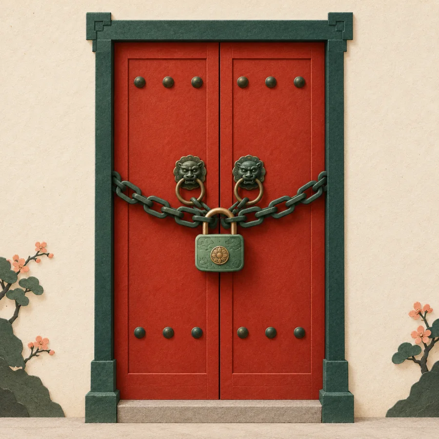 A red door secured with a large padlock and chain