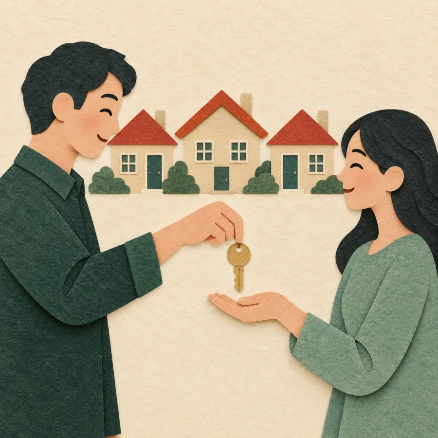 A person hands a house key to another before small houses