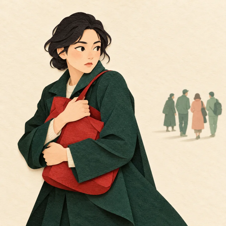 A watchful person hugs a bag and glances sideways