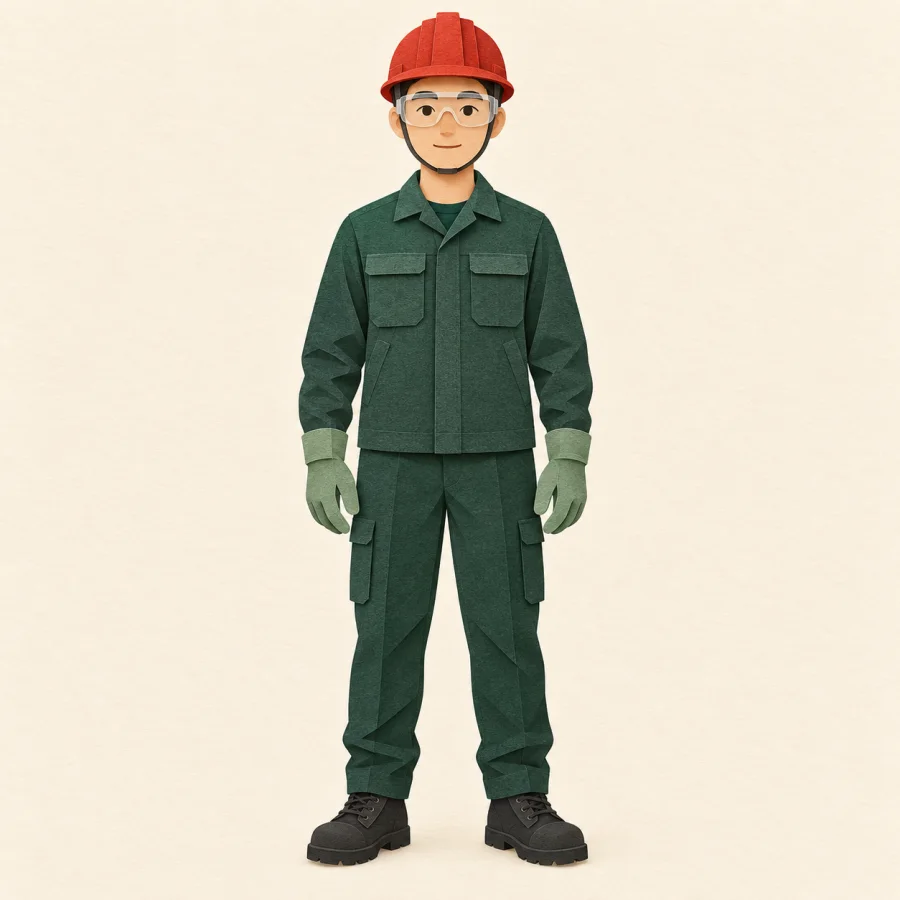 A person wearing a hard hat, goggles and gloves