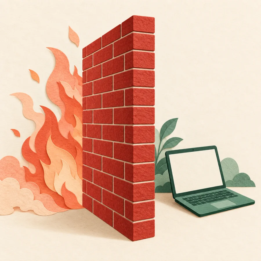 A red brick wall holds back flames, a laptop safe behind
