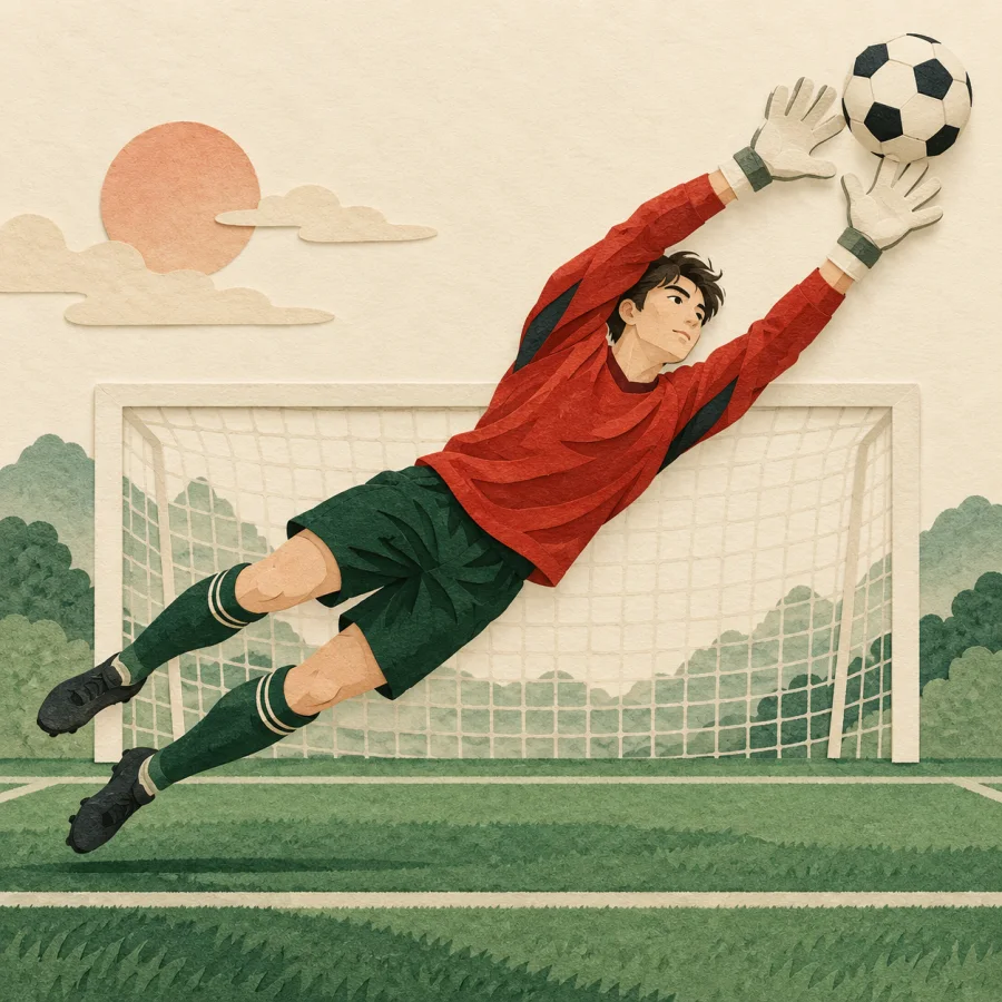 A goalkeeper in red leaps to block a ball
