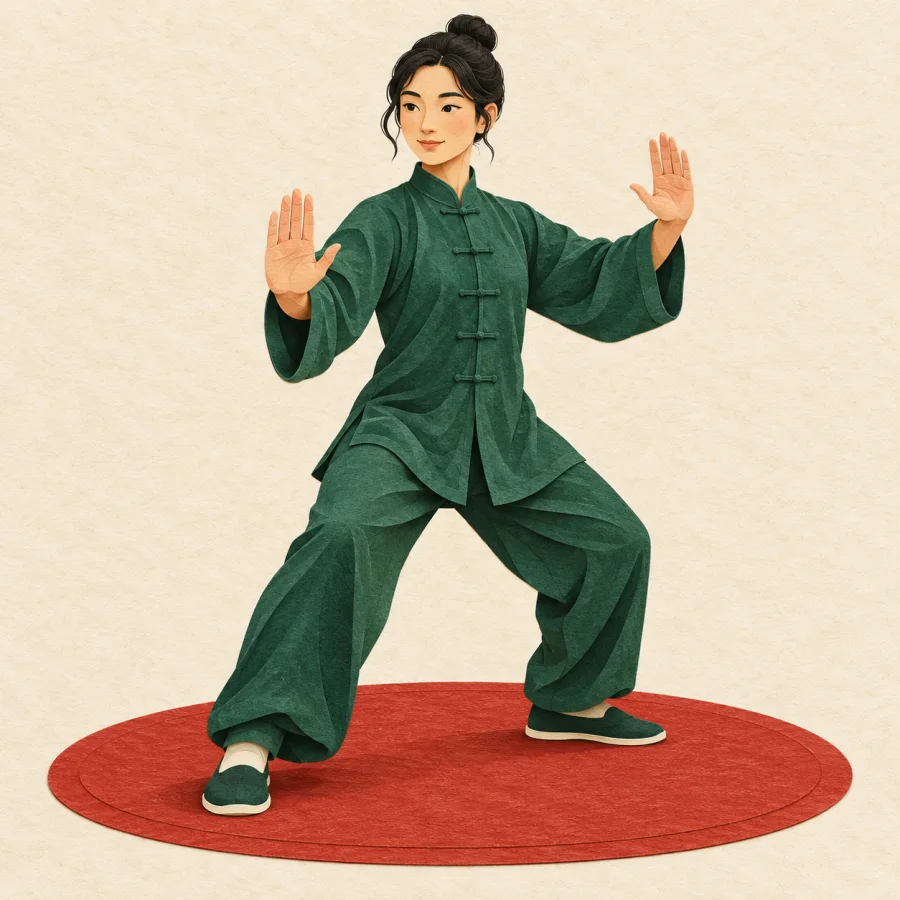 A person in a calm guard stance with raised palms