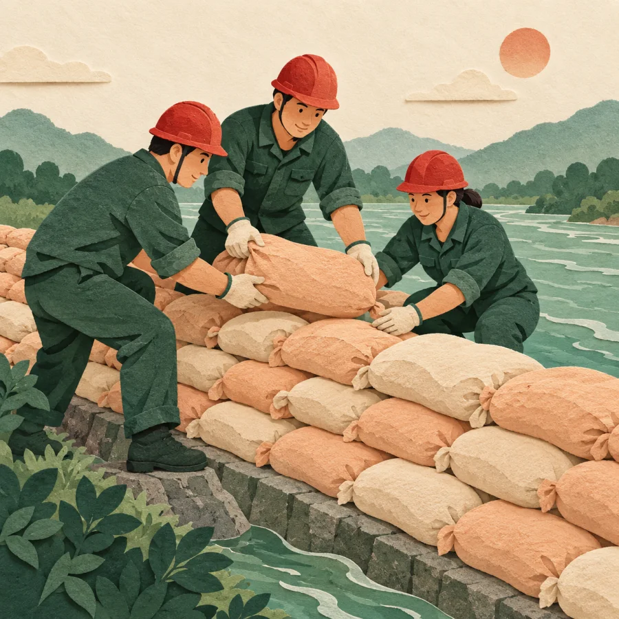 Workers in red helmets stack sandbags by a river