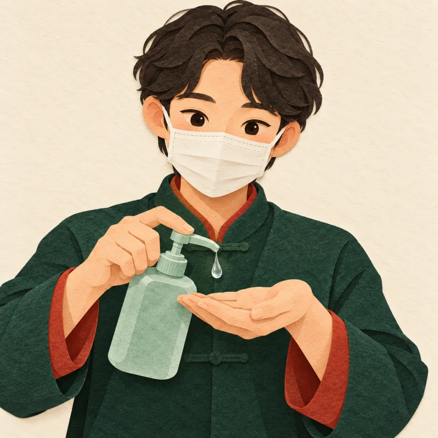 A masked person pumps disinfectant into a palm