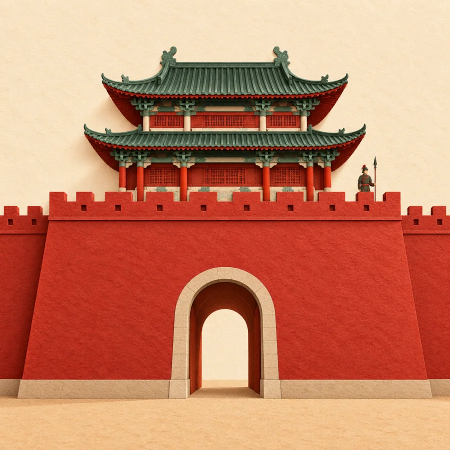 A tall red city wall with a gate tower