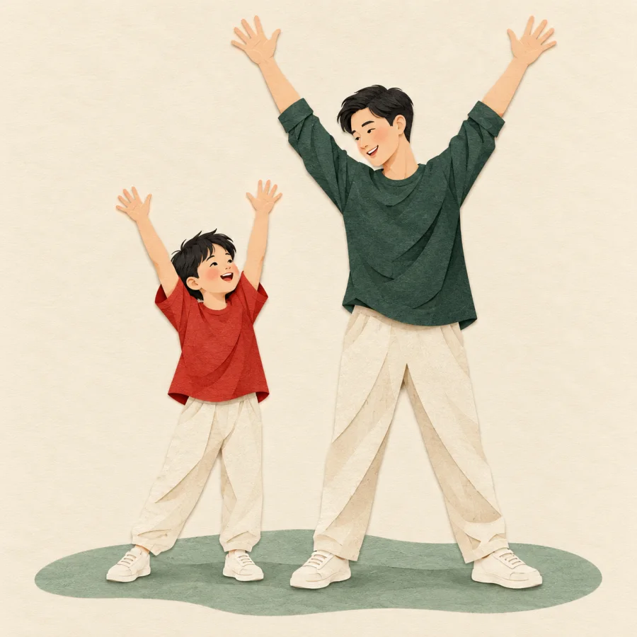 A child copies an adult's pose, both stretching arms up