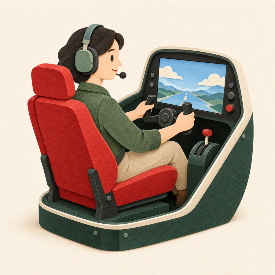 A person in a headset sits in a training cockpit