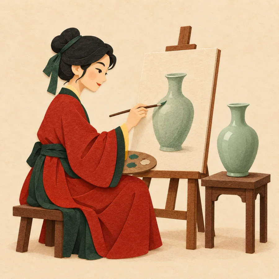 A painter copies a vase standing beside the original