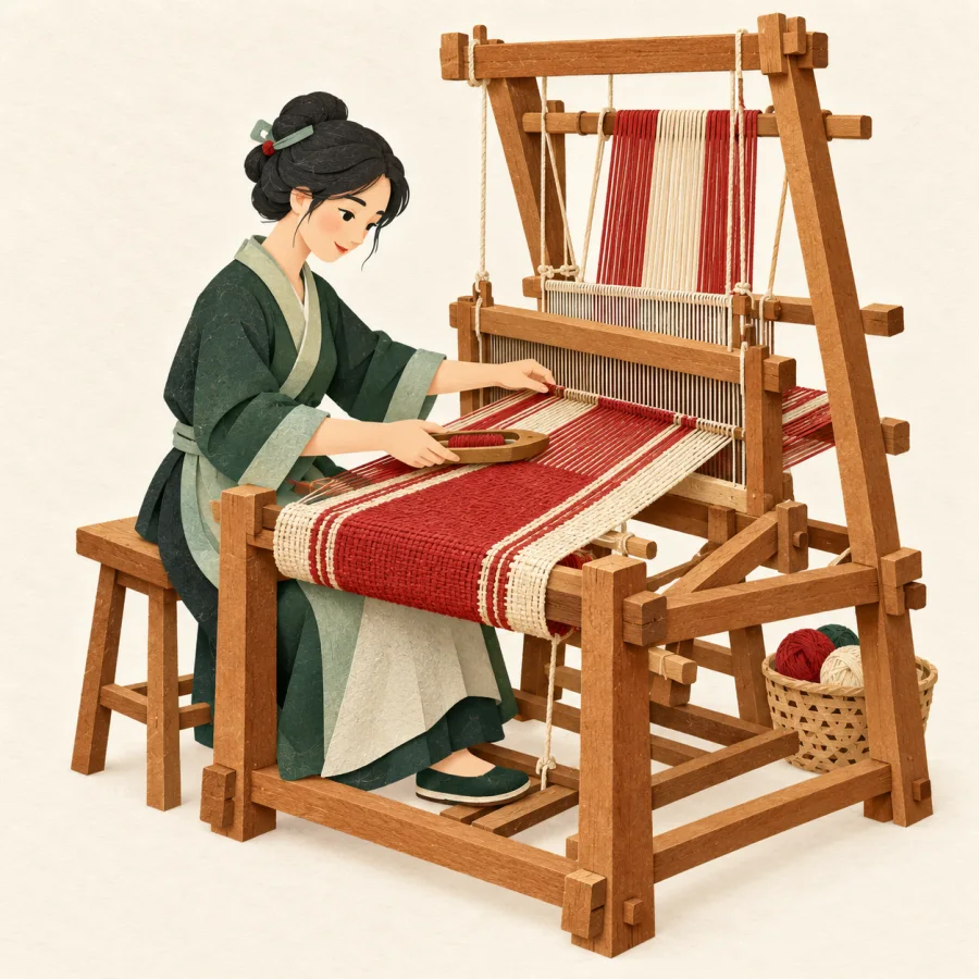 A wooden loom with red and cream threads