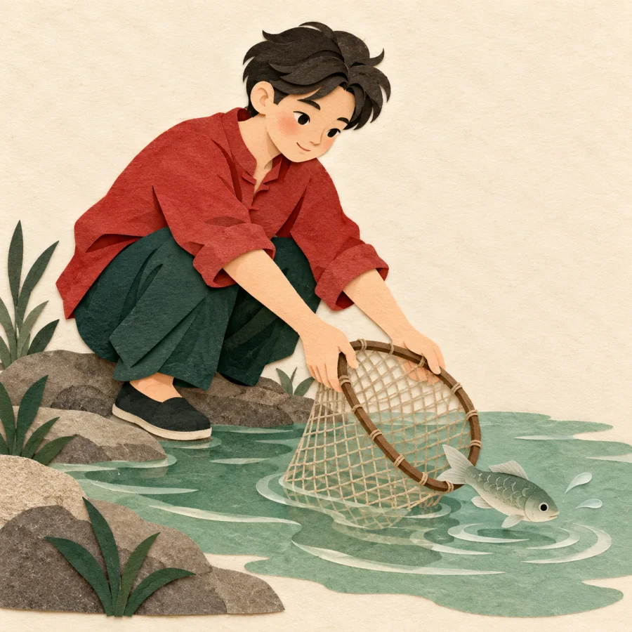A person opens a net to let a small fish swim away