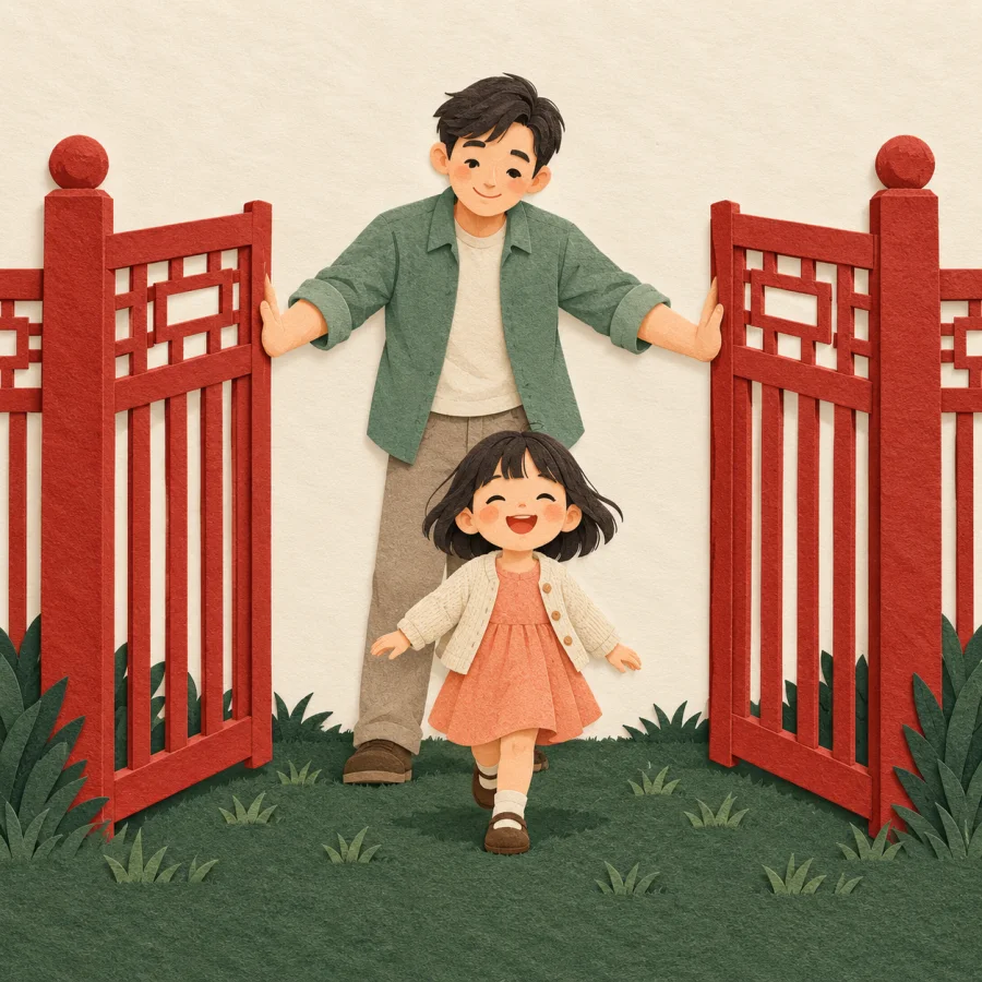 A person widens a gap between red fence panels