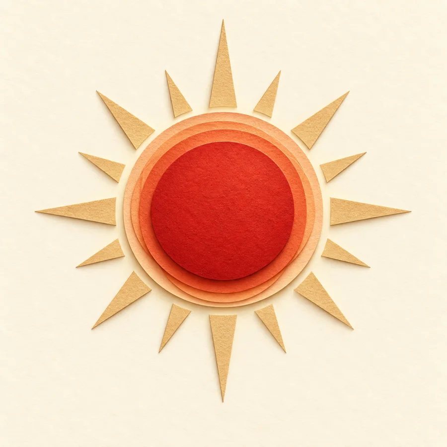 A sun sends straight rays out in all directions