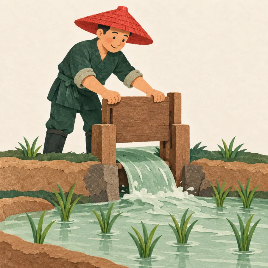 A farmer opens a sluice and water flows into a paddy