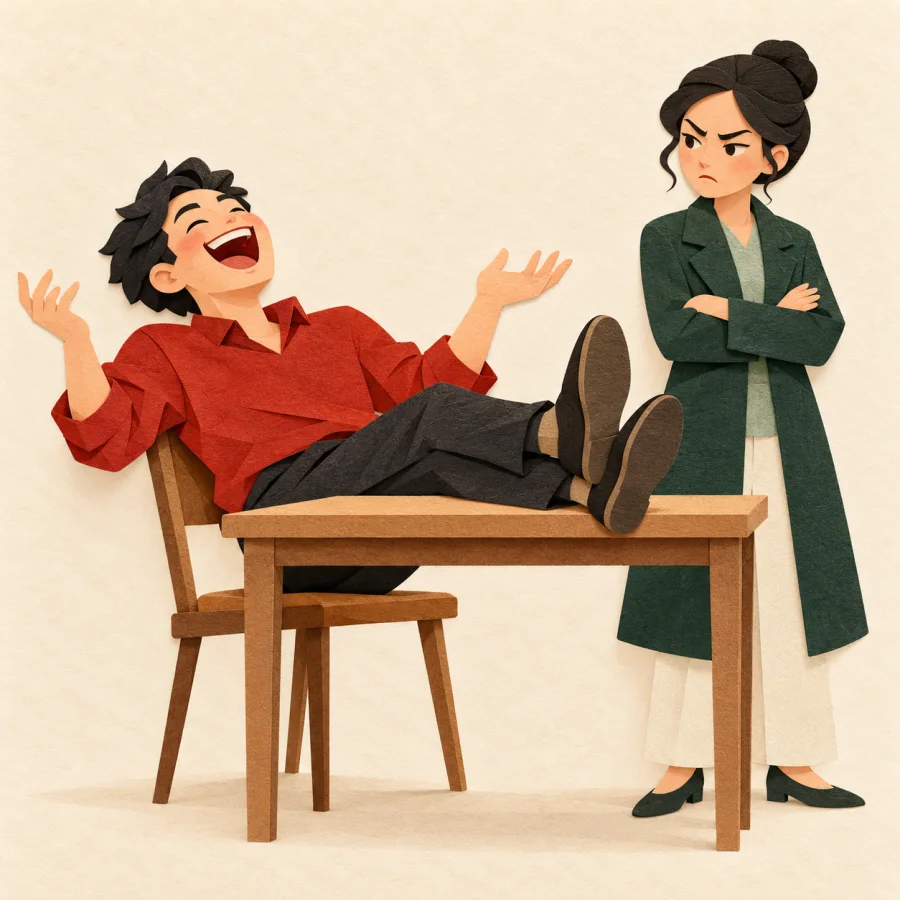 A person with feet on a desk laughs while another frowns