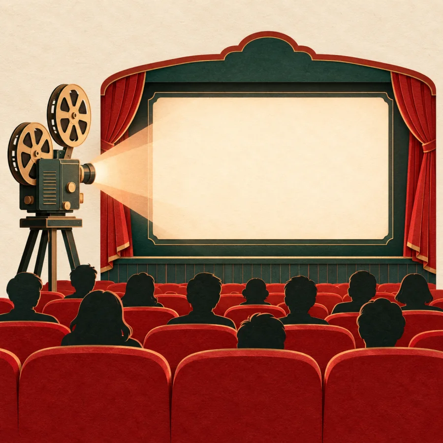 A projector beams light onto a screen before an audience
