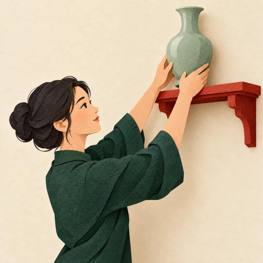 A person carefully sets a vase on a high shelf