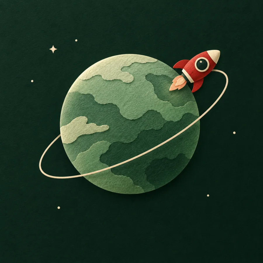 A red spacecraft orbits a green planet