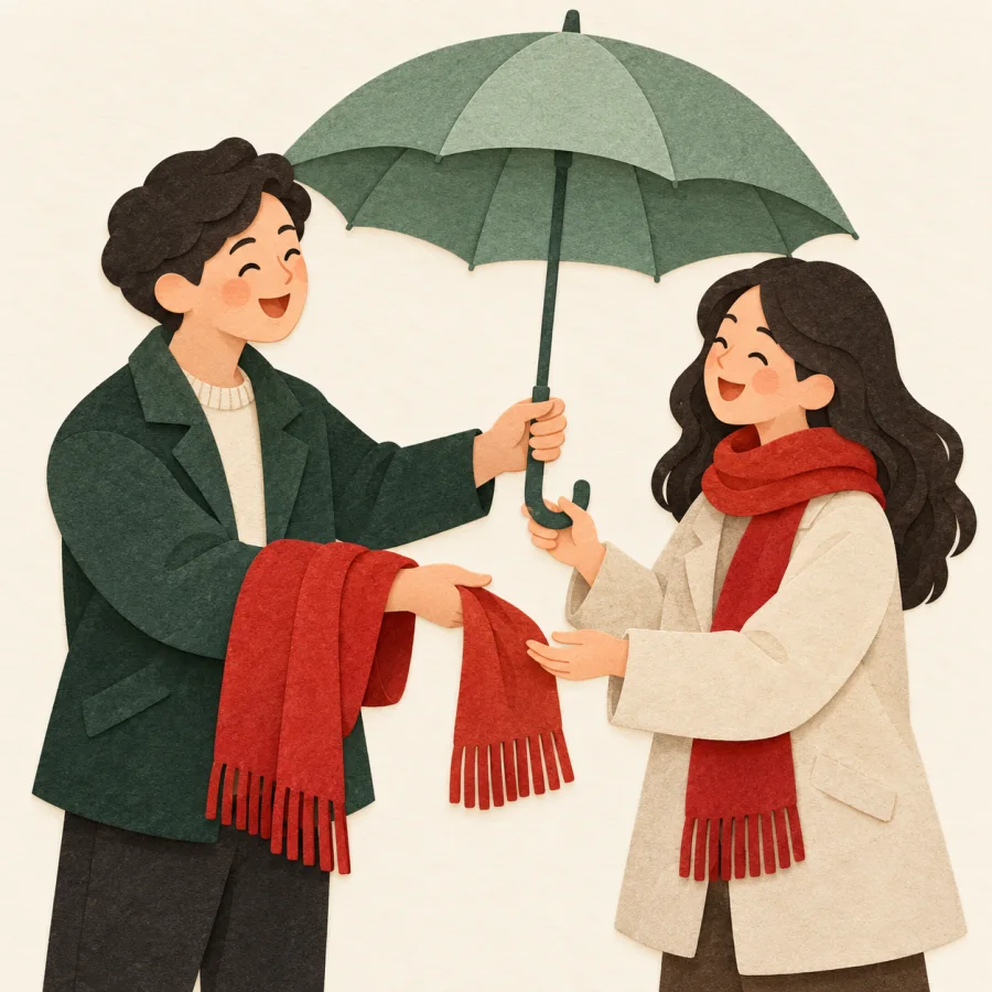 A smiling person gives a friend an umbrella and an extra scarf
