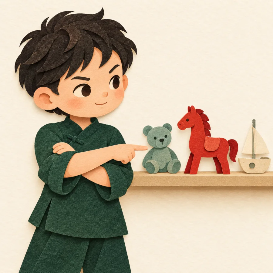 A child firmly points at a red toy on a shelf